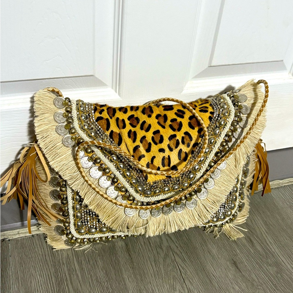SHASHI Cream and Yellow Fringe Clutch